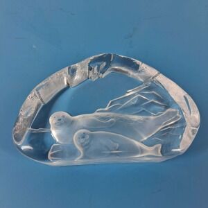 Nybro Sweden Crystal Art Glass Seal and Pup Etched Iceberg Paperweight Figurine